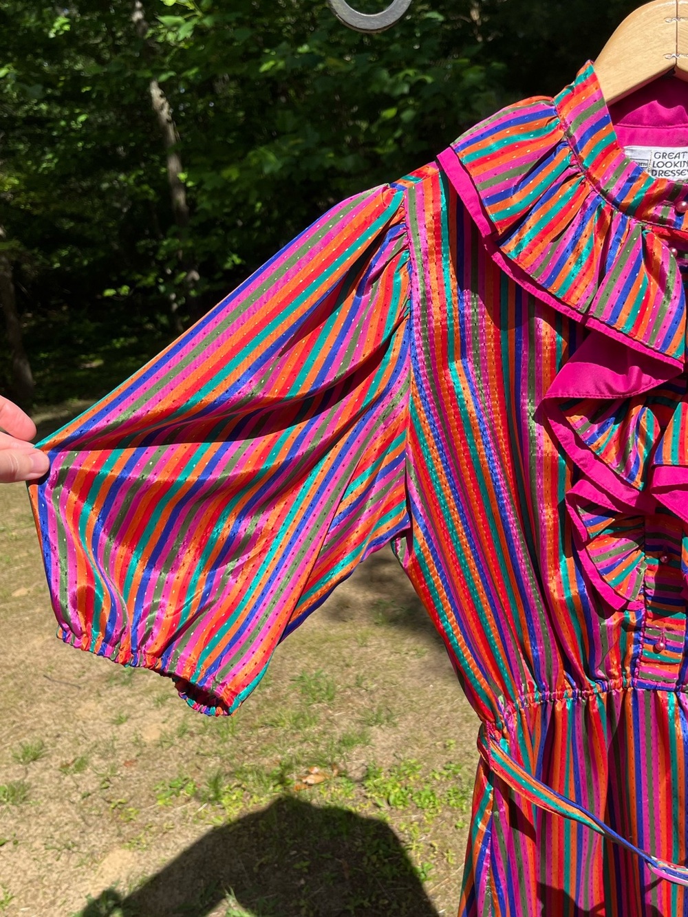 70s Sears Colorful Striped Circus Clown Ruffle Collar Midi Dress Size 14 Retro - Picture 13 of 16